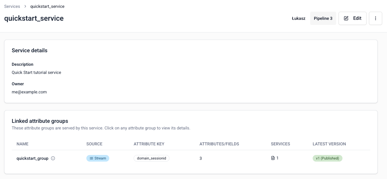 Published quickstart service ready for attribute retrieval