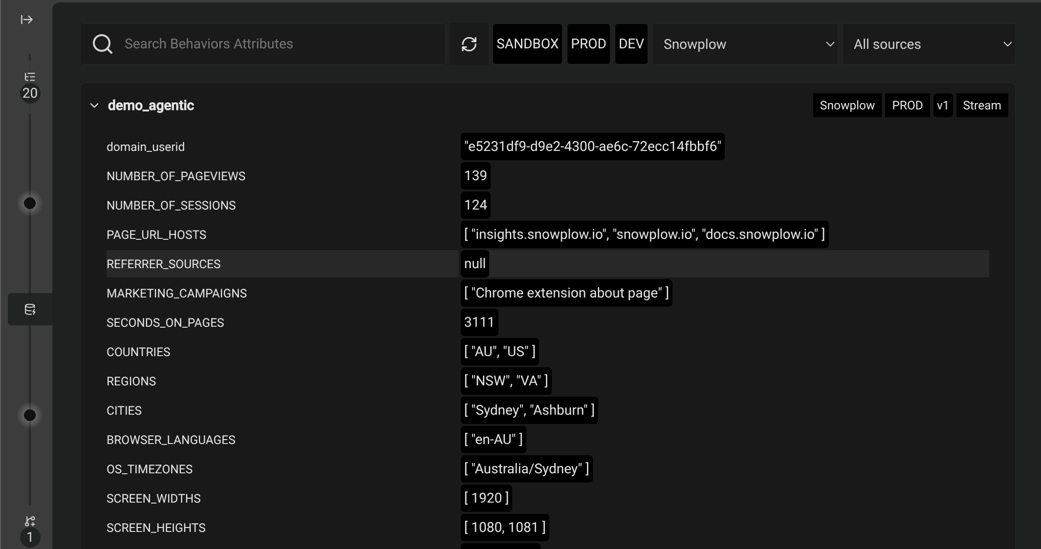Screenshot of the Snowplow Inspector viewing attribute values from a &quot;demo_agentic&quot; attribute group. The values are for a specific &quot;domain_userid&quot; attribute key. The tabs show 20 events counted as well as 1 intervention.