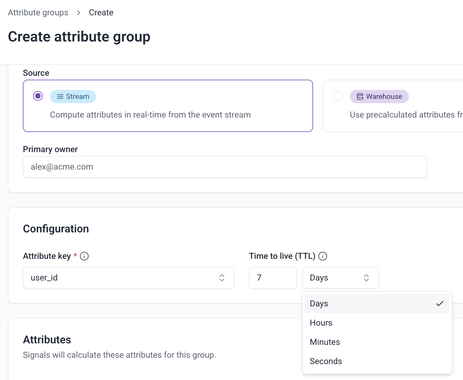 Attribute group TTL configuration field
