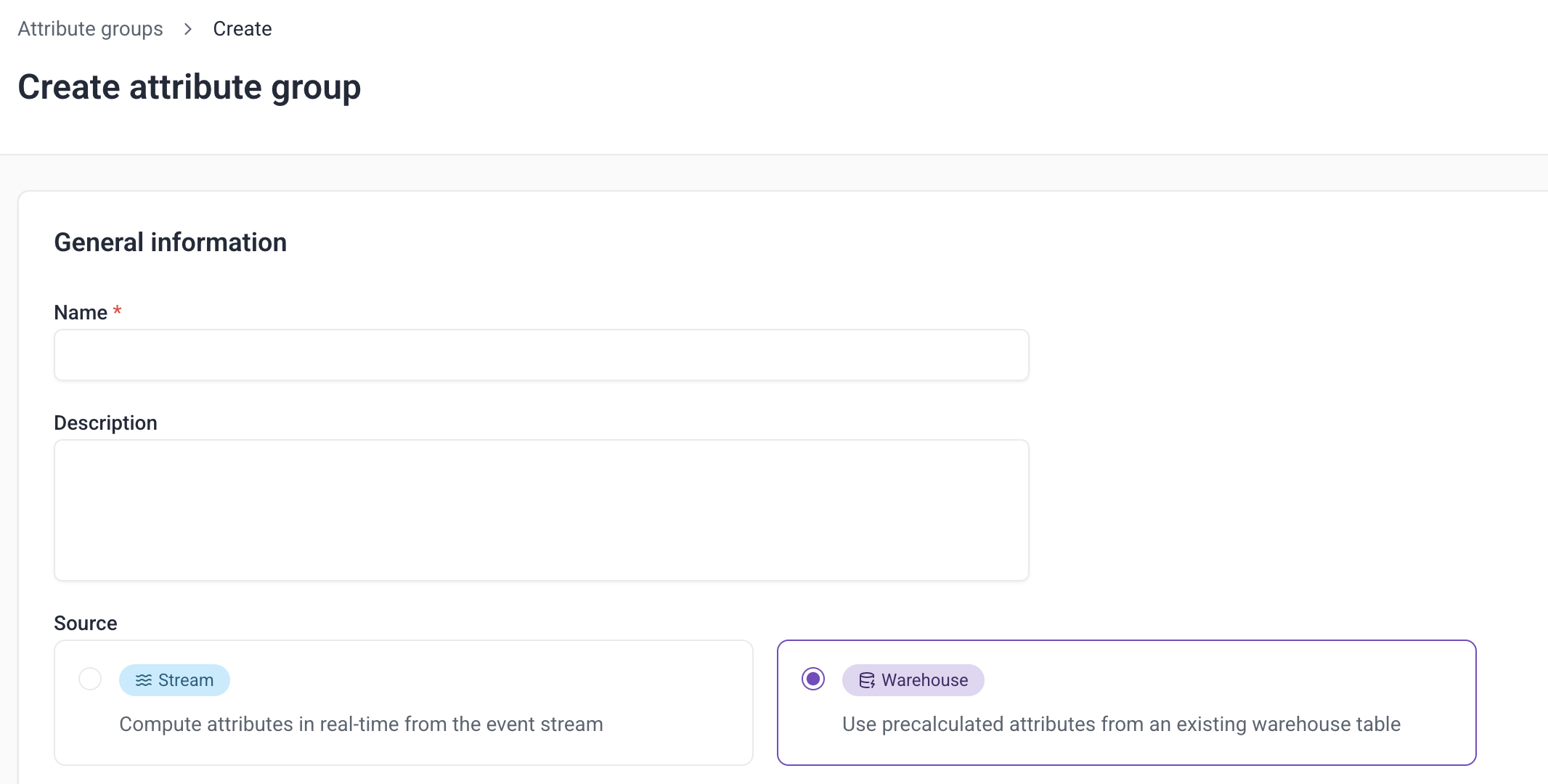 Create attribute group form showing where to select the Warehouse data source in Snowplow Console